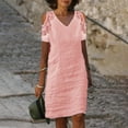 thumbnail image 2 of ATOYSOY Women's Knee Length Staight Dress Solid Color Crochet Summer Sundress Cold Shoulder Sleeve V Neck Boho Beach Cotton Lined Lace Splicing Trendy Workout Retro Pink, 2 of 6