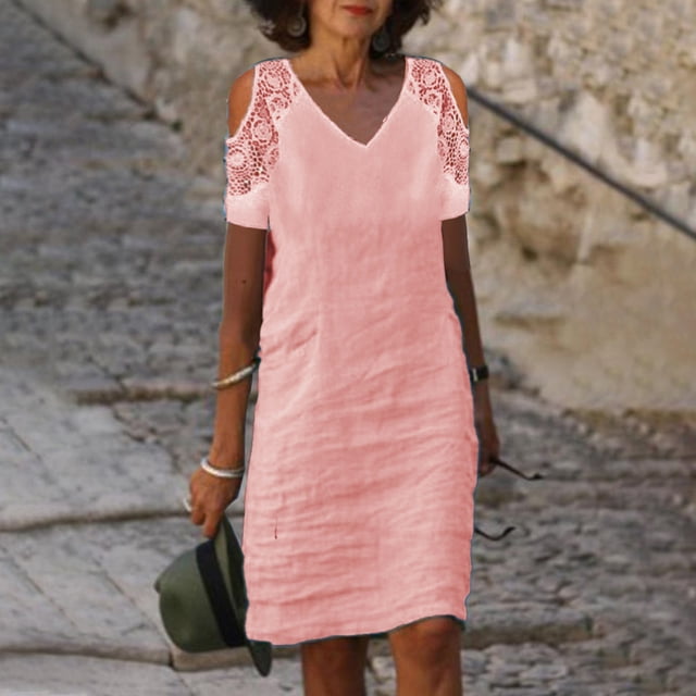 Robes pour Femmes 2023 Robes d'Été Mode Femmes Été Décontracté Col en V Couleur Unie Dentelle Coton et Lin Robe à Manches Courtes