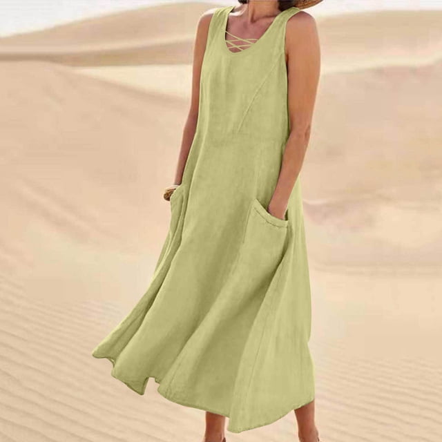 Liquidation des Offres du Jour! Robe Longue Unie Sans Manches Décontractée pour Femme avec Poches et Col en V, Robe de Soirée Élégante et Confortable, Parfaite pour les Fêtes d'Été Ou les Sorties Décontractées Soldes Aujourd'hui Liquidation!