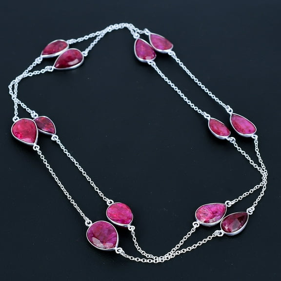 Red Kashmiri Ruby Pear Gemstone 925 Sterling Silver Jewelry Necklace 36" VJ 1049