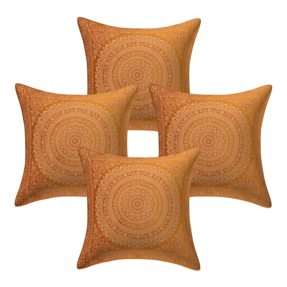 Stylo Culture Indian Brocade Decorative Throw Pillow Sham Covers Mustard Yellow 16 x 16 Boho Jacquard Weave Gold Sofa Cushion Covers 40x40 cm Polydupion Silk Mandala Square Pillow Cases | Set Of 4