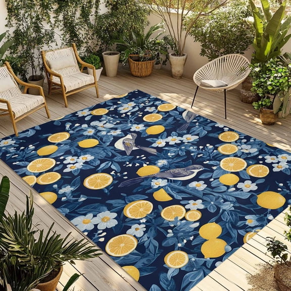 Fsddascl Lemon Bird Outdoor Rug for Patio/Deck/Porch, Non-Slip Large Area Rug 5 x 8 Ft, Blue Yellow Pastoral Flowers Plant Summer Indoor Outdoor Rugs Washable Area Rugs, Camping Rug Carpet