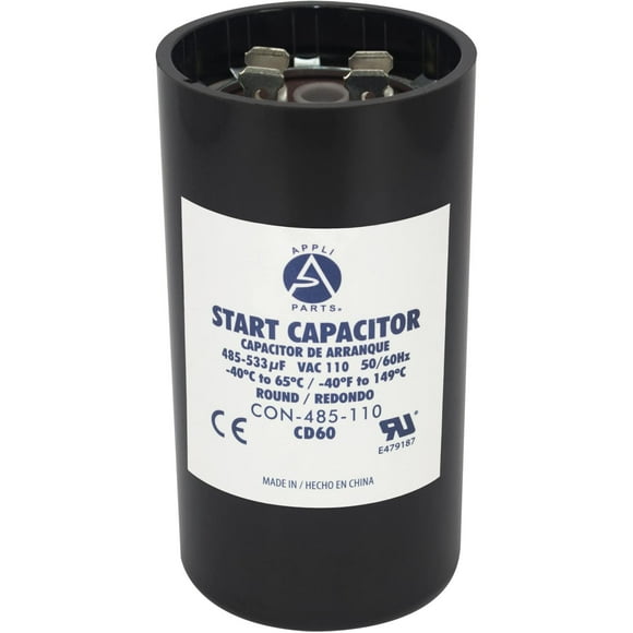 Appli Parts Motor Start Capacitor 485-533 Mfd (Microfarads) Uf 110-125 Vac Universal Fit For Electric Motor Applications 1-3/4 In Wide 3-3/8 In Height Con-485-110