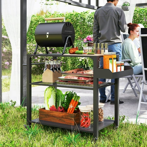 Outsunny 3-Tier Outdoor Grill Cart, Pizza Oven Stand with Storage Racks, Side Handle, Movable Food Prep Table on Wheels