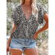thumbnail image 3 of Blusa estampada con botones para mujer, manga corta, cuello en V, blusa informal con estampado elegante para el trabajo, fiesta diaria, 3 of 6