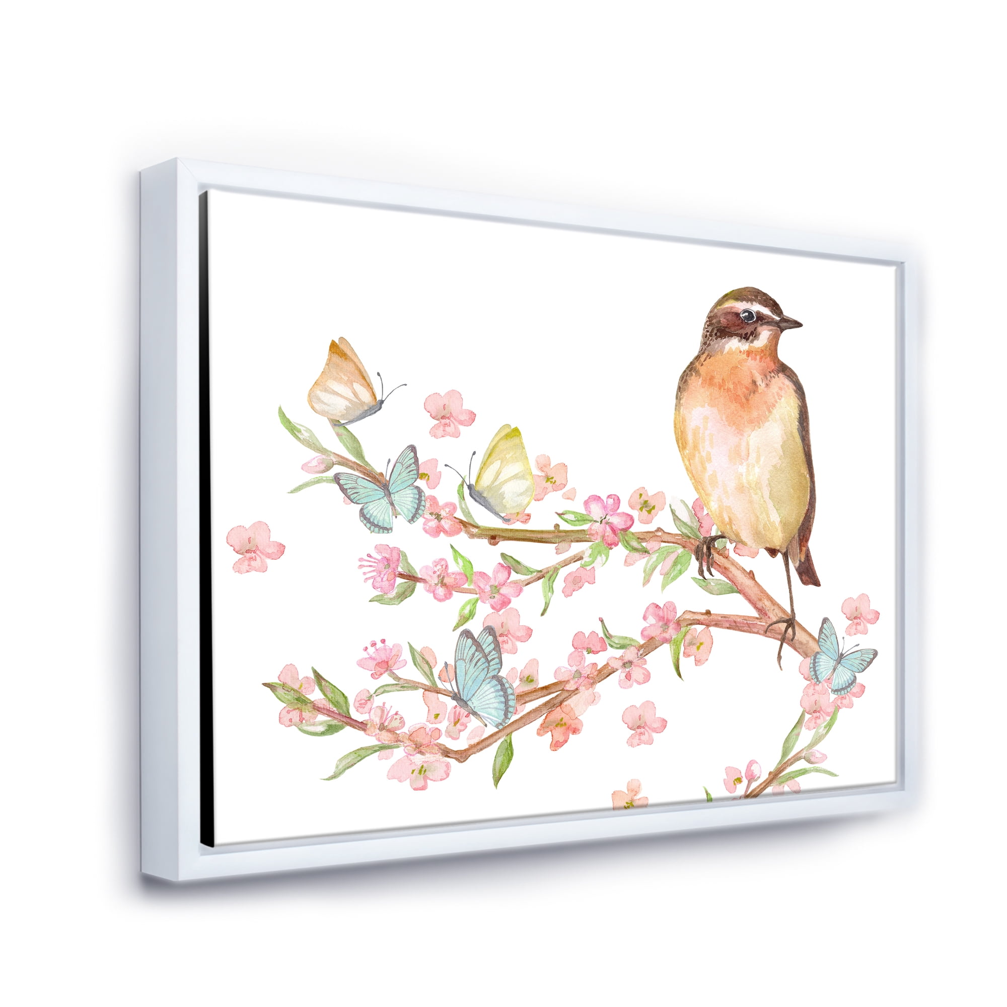 Lovely Bird Sitting On Branch of Sakura With Butterflies 40 in x 30 in Framed Painting Canvas Art Print, by Designart