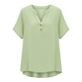thumbnail image 4 of Homenesgenics Tops for Women Plus Size Summer Cotton-Linen Blend Shirt Short Sleeve V-Neck Shirt Solid Color Comfortable Top Green S, 4 of 4