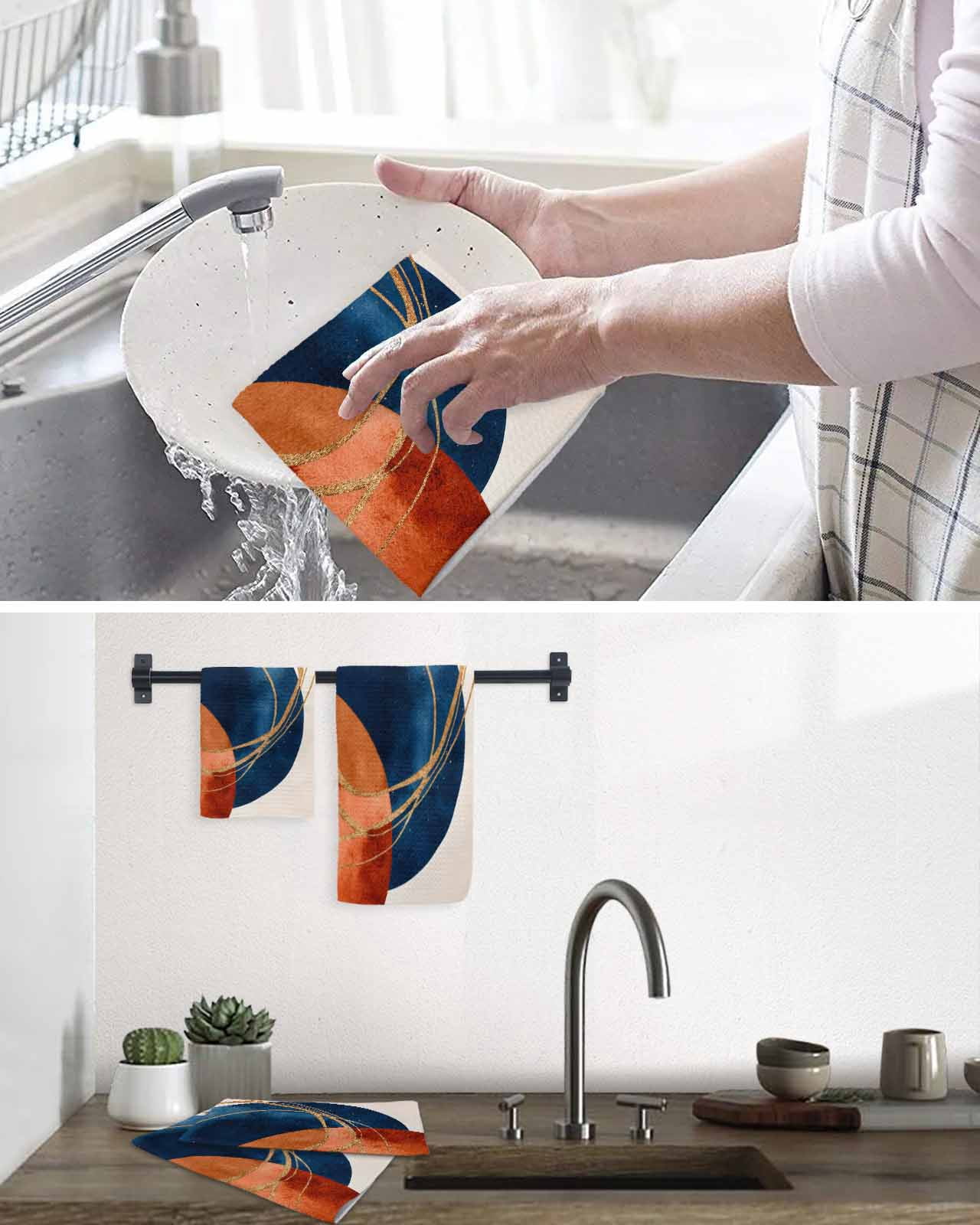 Navy Blue Burnt Orange Hand Towels Set, Waffle Weave Kitchen Towels 2 Pieces, Boho Art Modern Geometric Microfiber Hair Face Bath Tea Towel Absorbent Quick Drying Cleaning Dish Cloths 15.7"x23.6"