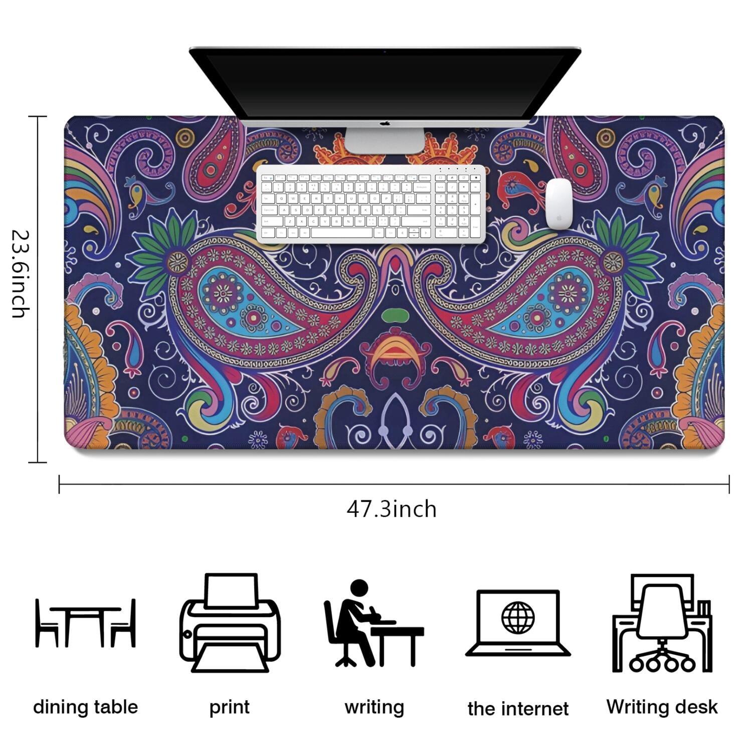 Long Mouse Pads for Desk,Multicolor Ethnic Paisley Pattern Desk Mats on Top Of Desks, Desk Mouse Pad Extra Large with 3mm Non-Slip Base and Stitched Edge for Gaming,Office,Work,Home 47.3"x23.6"