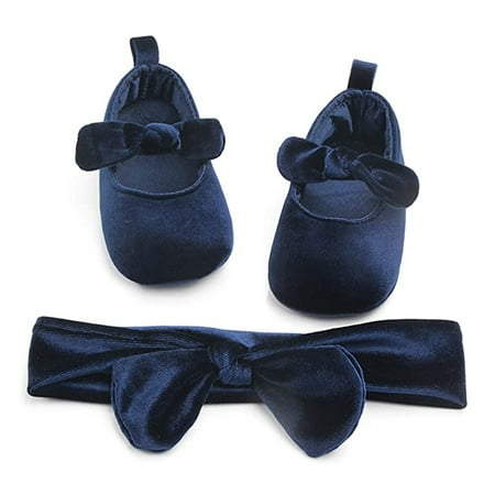 

Licupiee Newborn Baby Infant Girl Crib Gold Velvet Shoes Princess 2Pcs Soft Sole Prewalkers Anti-slip Sneakers Pram Headband