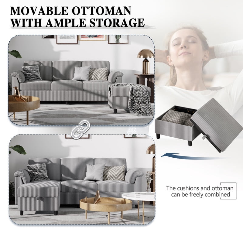 Walsunny 79" Convertible Sectional Sofa, L Shaped Sofa Couch with Reversible Chaise for Living Room Modern Linen Fabric for Living Room, Light Gray