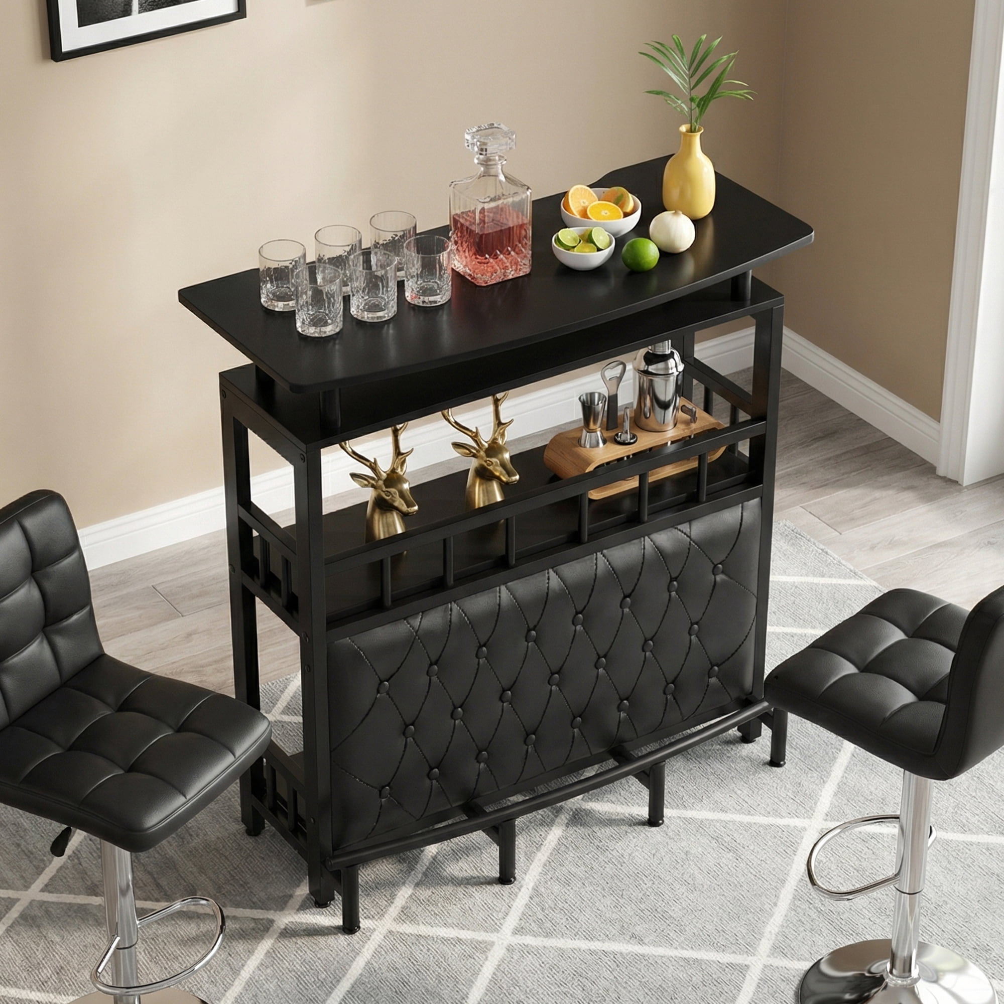 MAYEERTY Curved Counter Home Bar Table, Liquor Storage Bar Unit with Black Rail Guard Adjustable Feet for Indoor Entertainment