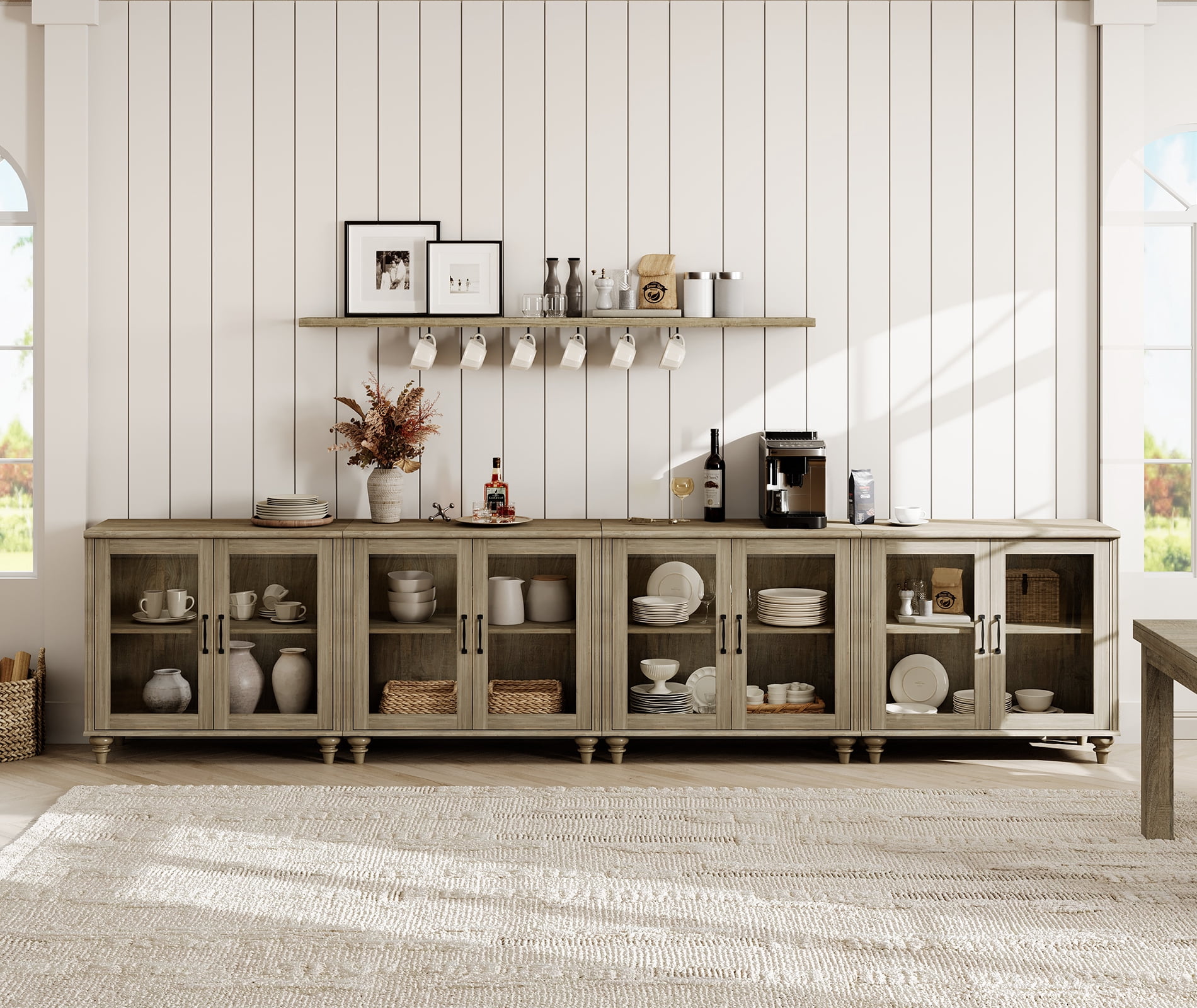 4-in-1 TV Stand, Wood Console Table Storage Cabinet for Living Room, Kitchen Sideboard Buffet Cabinet With Glass Door for Dining Room, Wash Grey