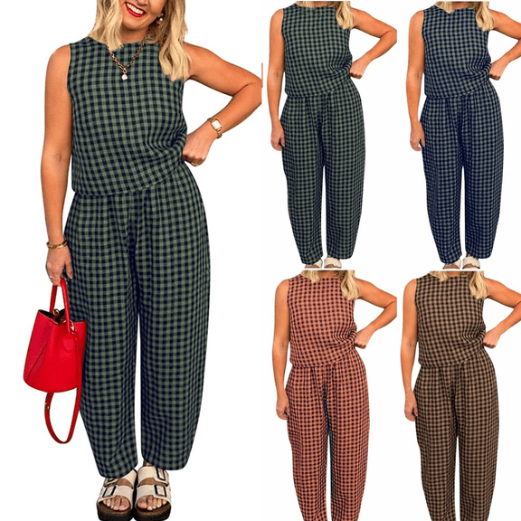 Gamivast Matching Sets Women 2 Piece Outfits Plaid Sleeveless Top & Wide Leg Pants Summer Suits Gingham Checkered Print Loose Fit Vacation Beach Casual Clothing
