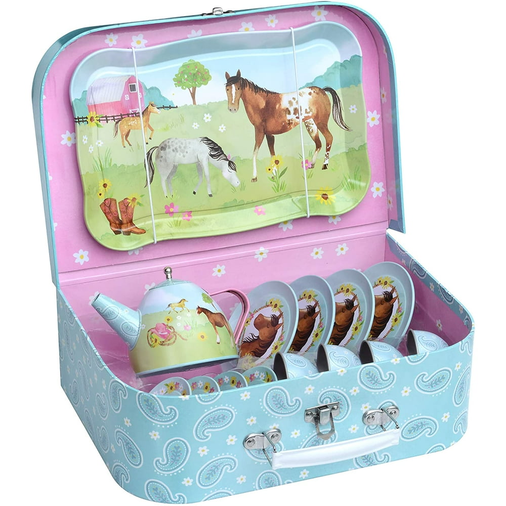Jewelkeeper 15 Piece Kids Pretend Toy Tin Tea Set & Carrying Case