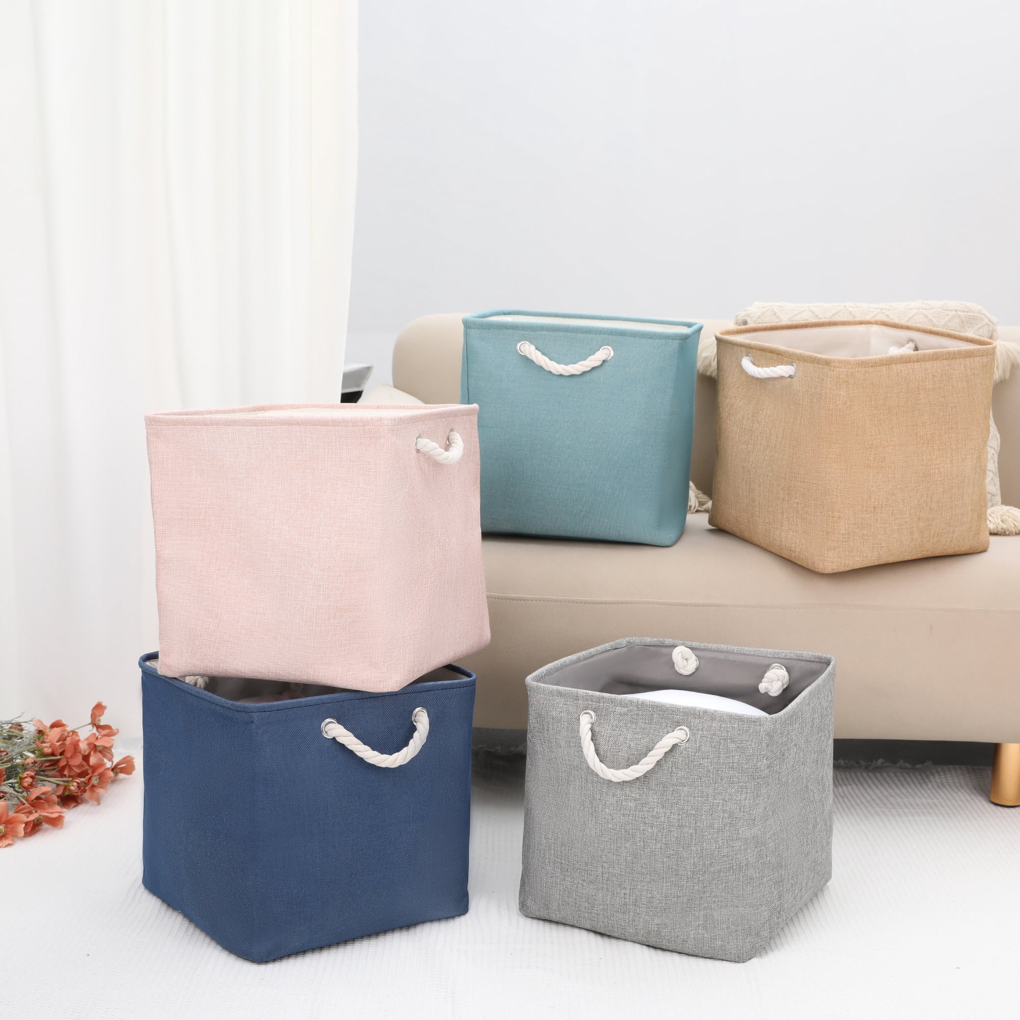 Unique Bargains 13 Inch Square Fabric Collapsible Storage Basket Bin with Handle Khaki