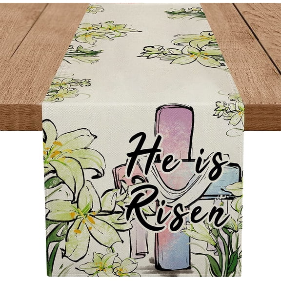 Easter Table Runner He is Risen Lily Cross Holiday Decoration Burlap Seasonal Spring Home Kitchen Dining Table Decor 13 x 72 Inches