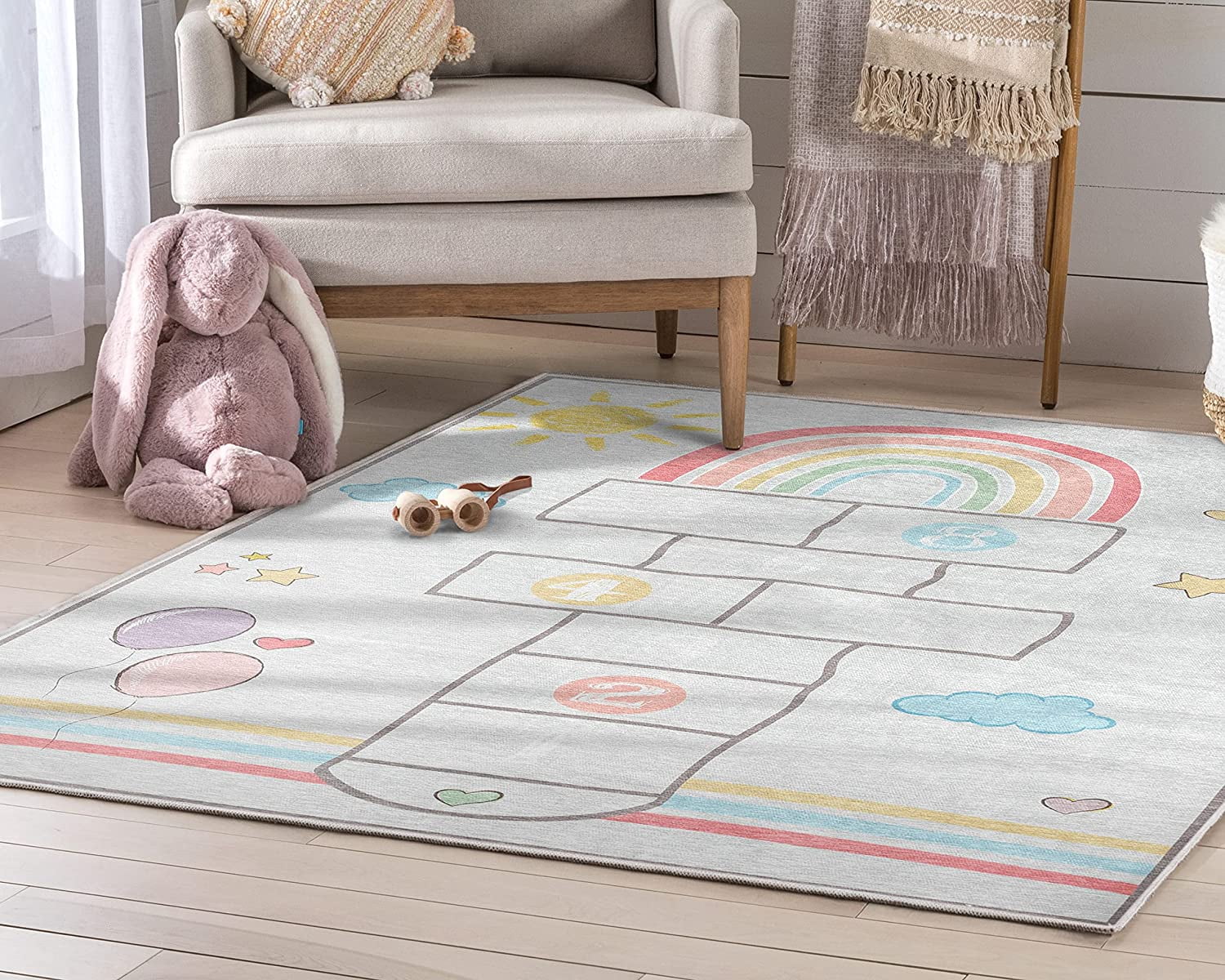 Well Woven Kids Rugs Hopscotch Modern Multi Beige Printed Distressed Machine Washable 3'3" x 5' Area Rug