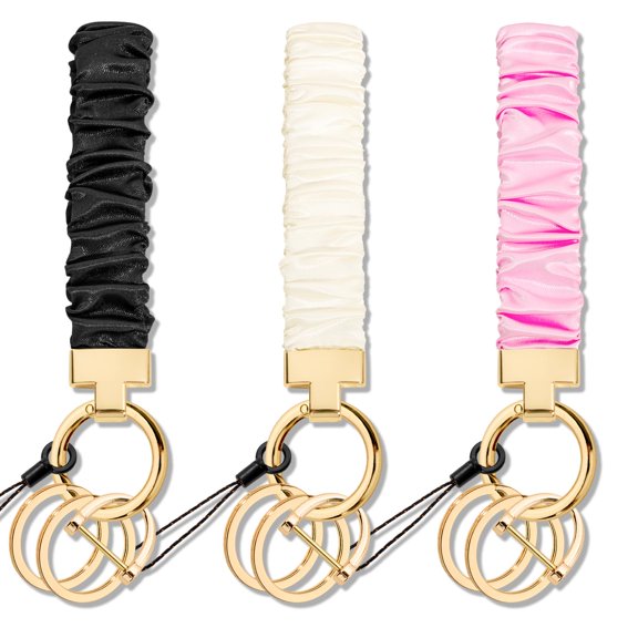 ZHEMEILU Stretchy Wristlet Keychain, Cute Key Chain, 3 Pcs Scrunchie Wrist Bracelet Lanyard with 2 Keyrings and D ring for Car Keys Women Men (3 Pcs Solid Color)