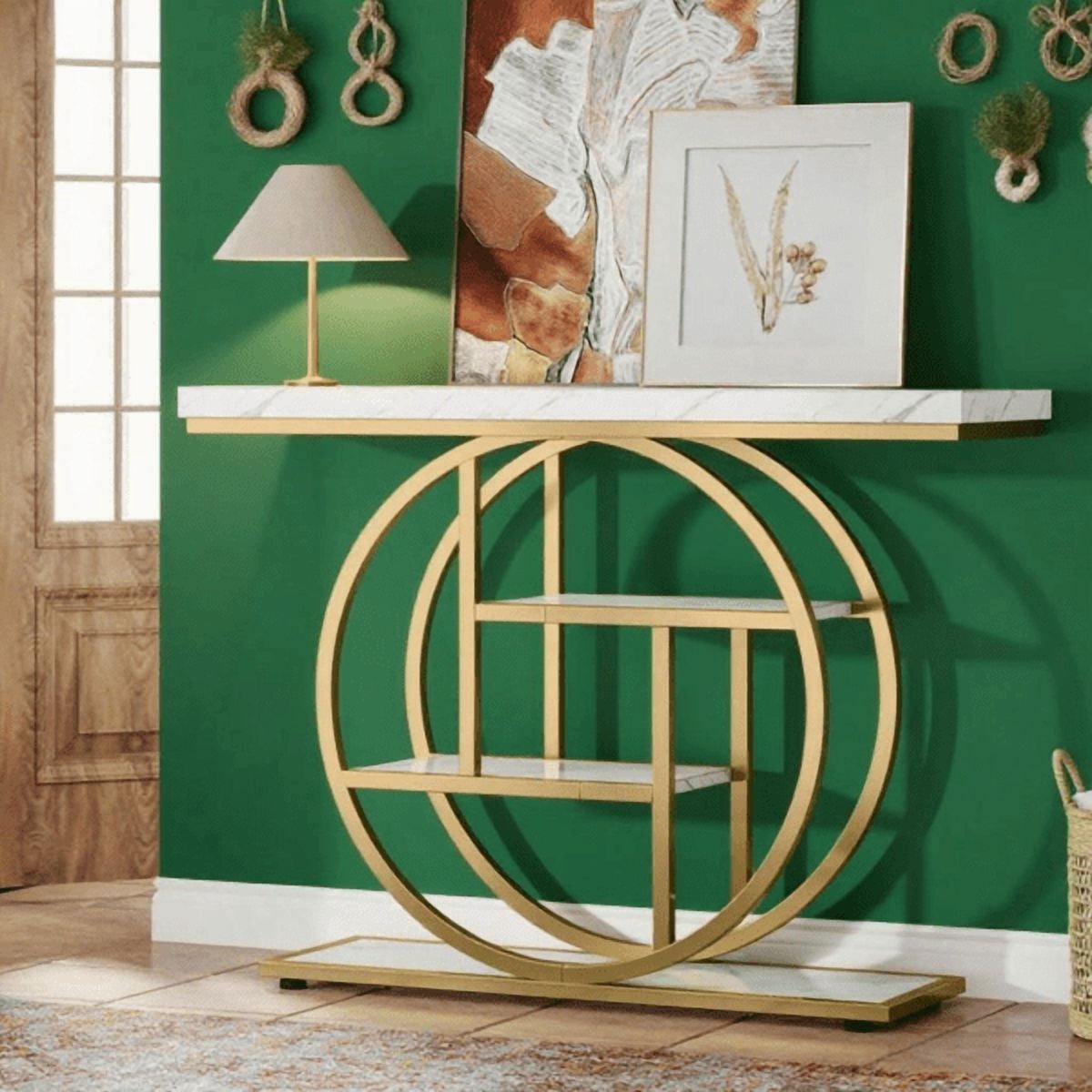 Industrial 4-Tier Console Table - 41.3" Rustic Brown with Circle Metal Base, 1.57" Thick Tabletop, Narrow Design for Entryway, Hallway, Living Room, Behind Couch
