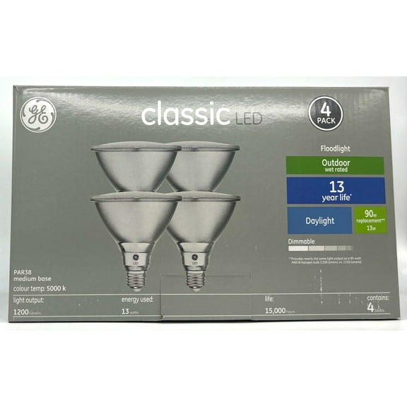 (4 bulbs) GE Classic LED PAR38 Outdoor floodlight, 13 watt, 1200 lumen, Daylight 5000K, Dimmable, medium base
