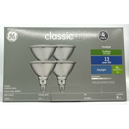 (4 bulbs) GE Classic LED PAR38 Outdoor floodlight, 13 watt, 1200 lumen, Daylight 5000K, Dimmable, medium base