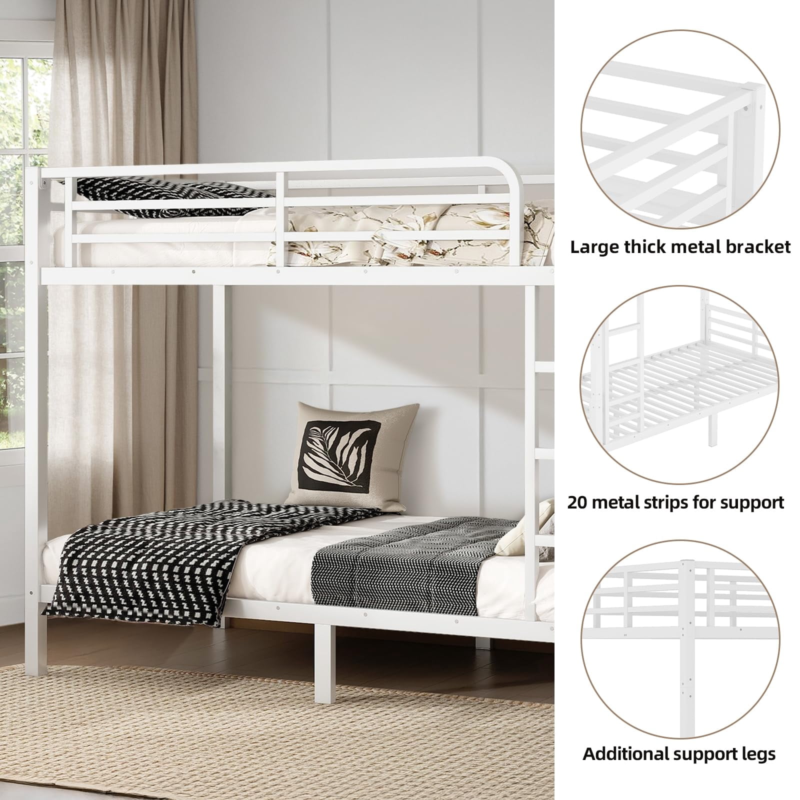 Miniyam Twin XL Over Twin XL Metal Bunk Bed with Top & Bottom Guardrails, Side Ladder, Quiet Metal Slats, White