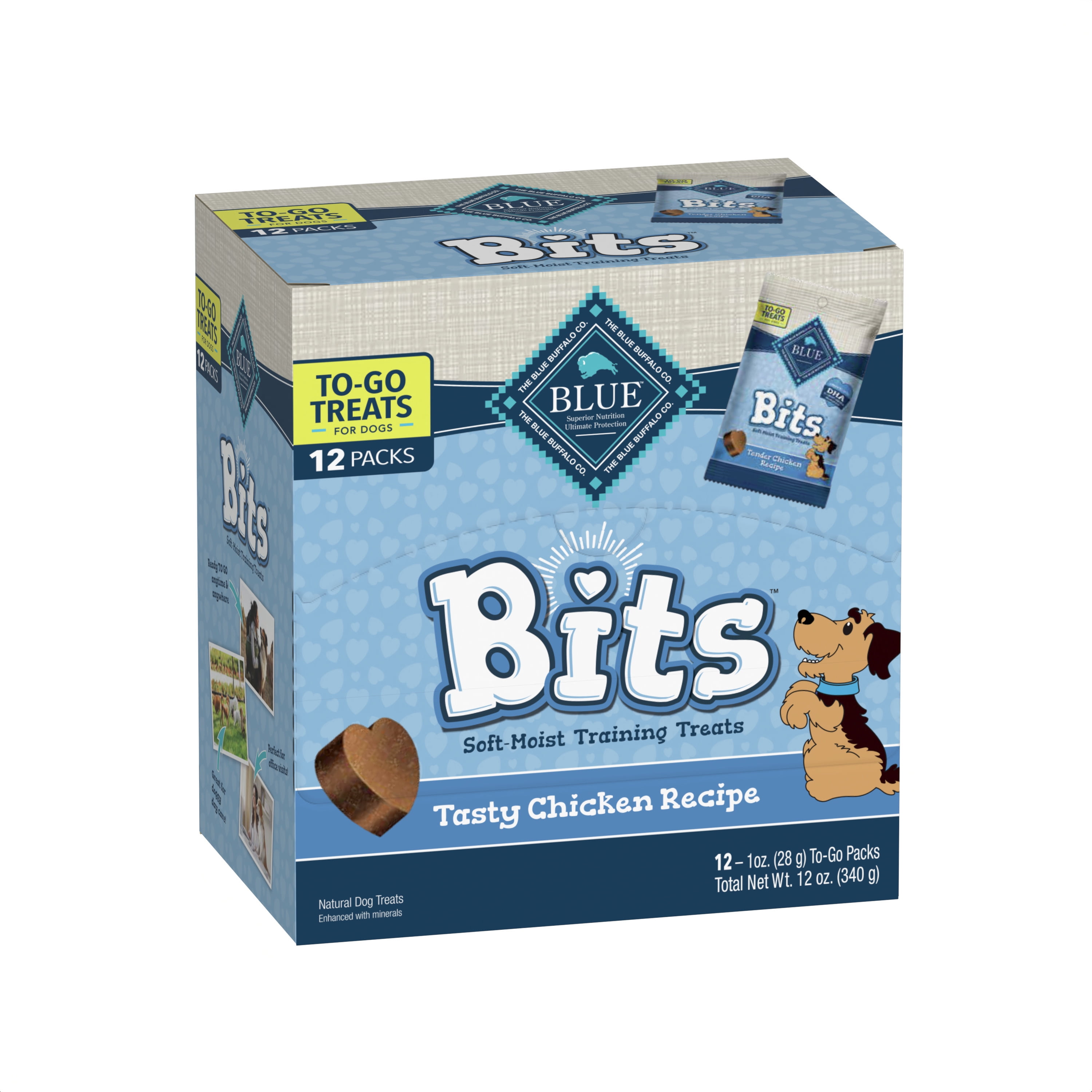 Blue Buffalo BLUE Bits Natural Soft-Moist Training Dog Treats TO-GO, Chicken Recipe 1-oz Bags (Pack of 12)