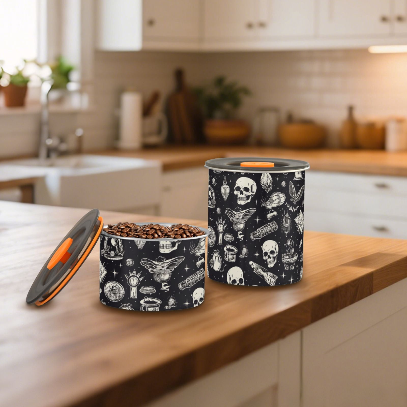 Skull Witchy Airtight Coffee Bean Canister 30oz Food Storage Containers with Lids For Gournd, Tea, Sugar, Flour, Rice, Cereal, Candy Cookie Jar