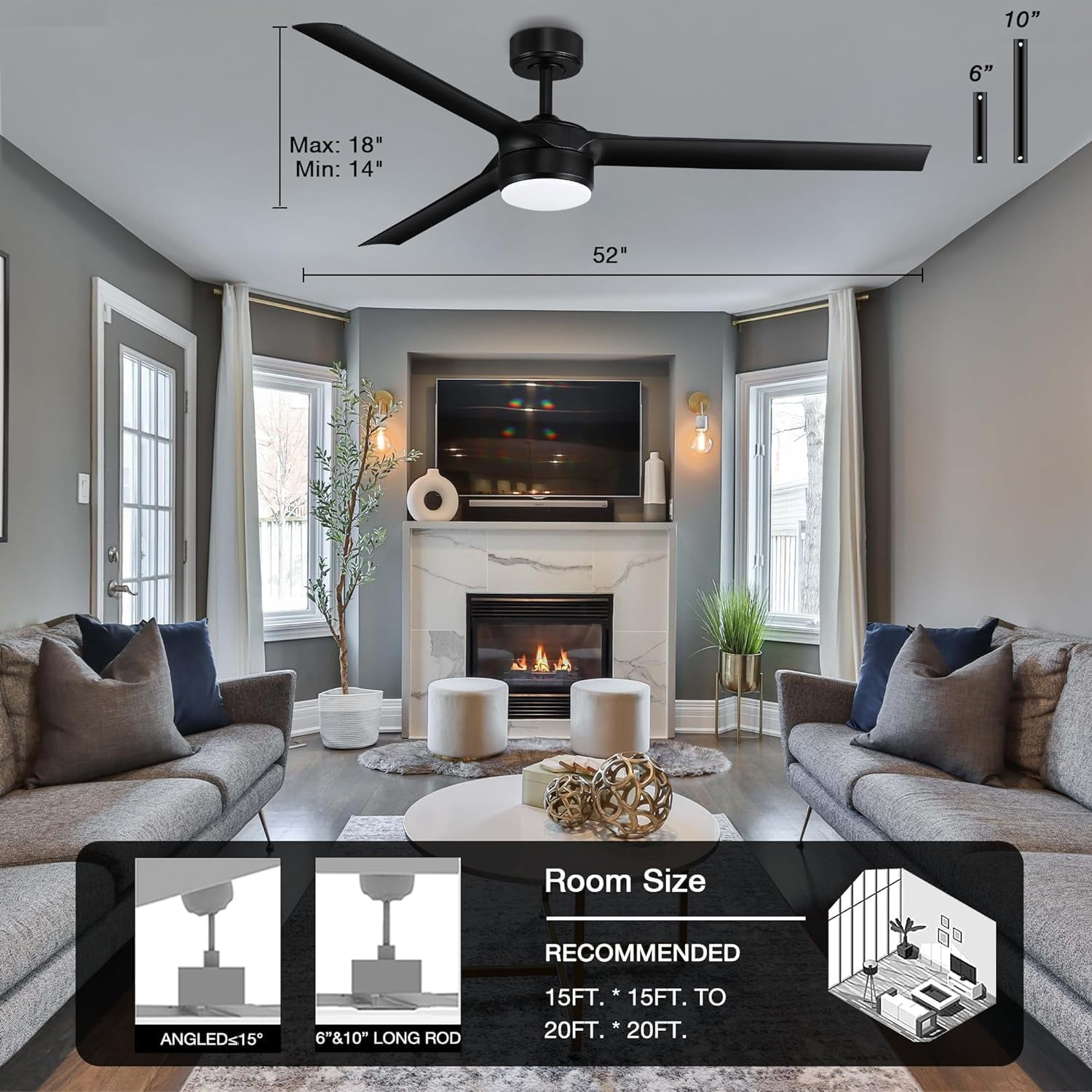52 Inch Smart Outdoor Ceiling Fans with LED Lights and Remote,Quiet DC Motor,Dimmable, 3 Matte Black Blade for Bedroom Living Room Patio Porch, Indoor Modern Ceiling Fan Controlled by WIFI Alexa App