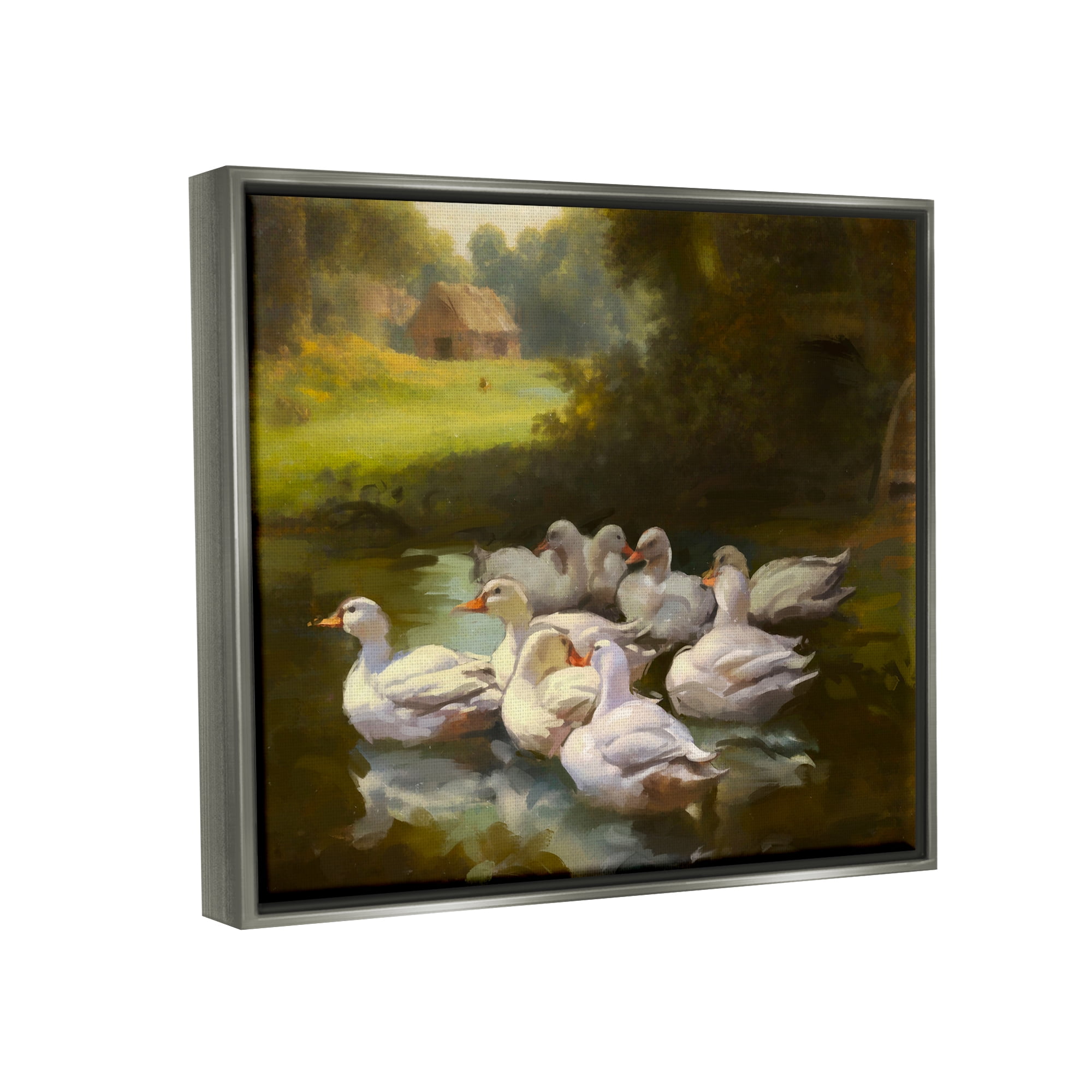 Stupell Industries Country Ducks in Pond Animals & Insects Painting Gray Floater Framed Canvas Art Print Wall Art, 31 x 25