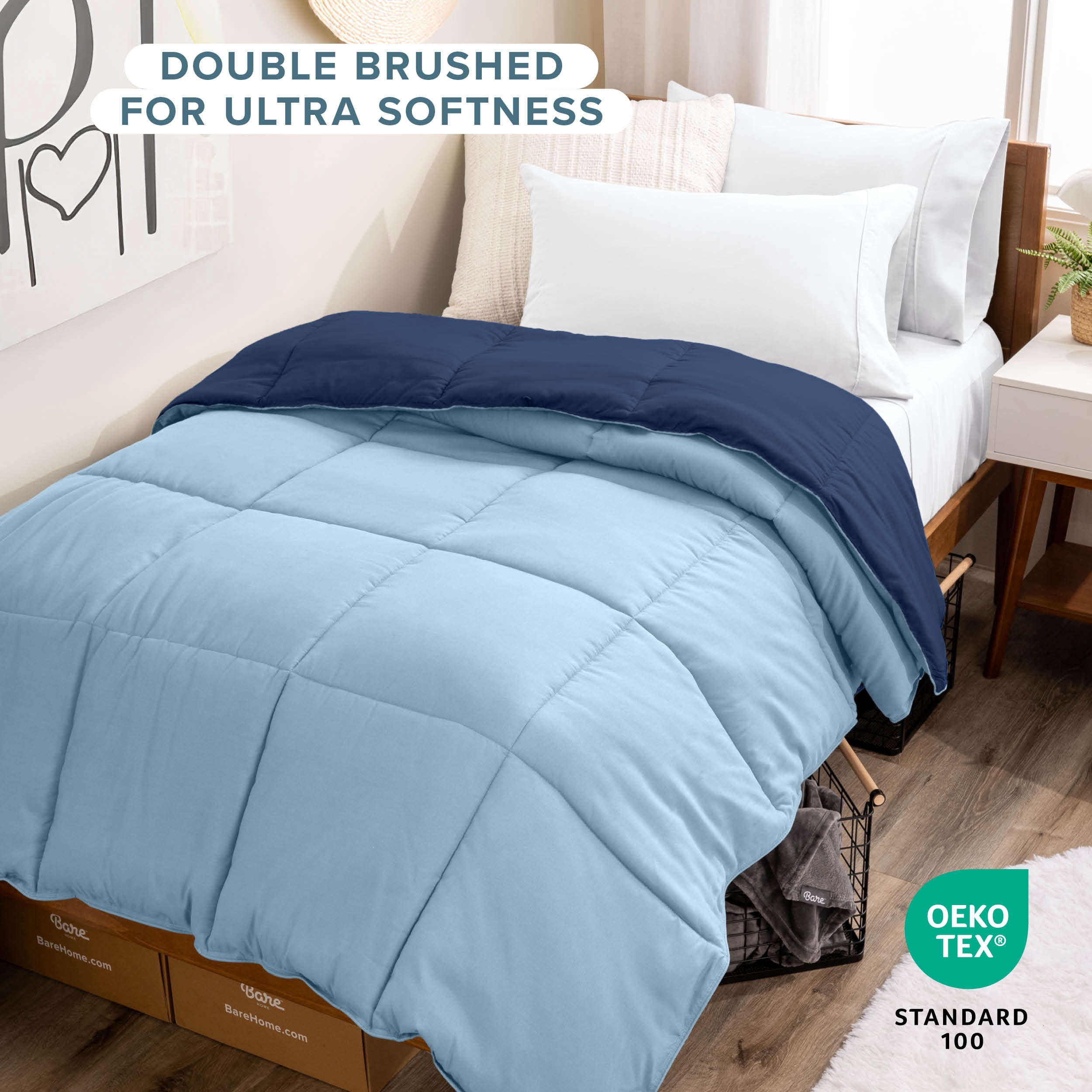 Bare Home 1800 Collection Reversible Down Alternative Comforter, All-Season, Twin/Twin-XL, Dark Blue/Light Blue