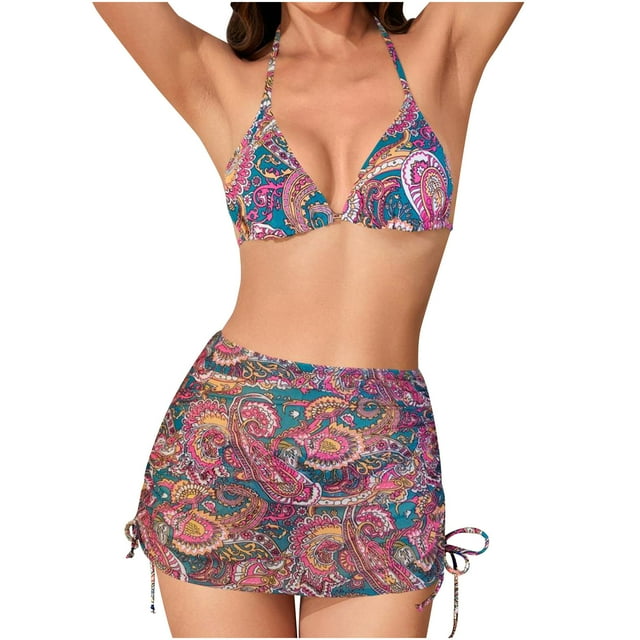 Modest Swimsuits for Women Bikini 3 Pc Set Strapless Tassel Sun Protection Beach Swimsuit with Sarong Cover Up
