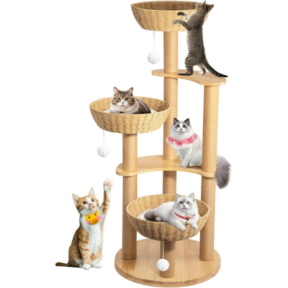 SHZOND Multi-Level Cat Tree Tower, 52" Oak Wood Cat Tree for Large Cats with 3 Weaving Cat Nests, Morden Cat Condo with 8 Scratching Posts for Indoor Cats, Cats Furniture Activity Center