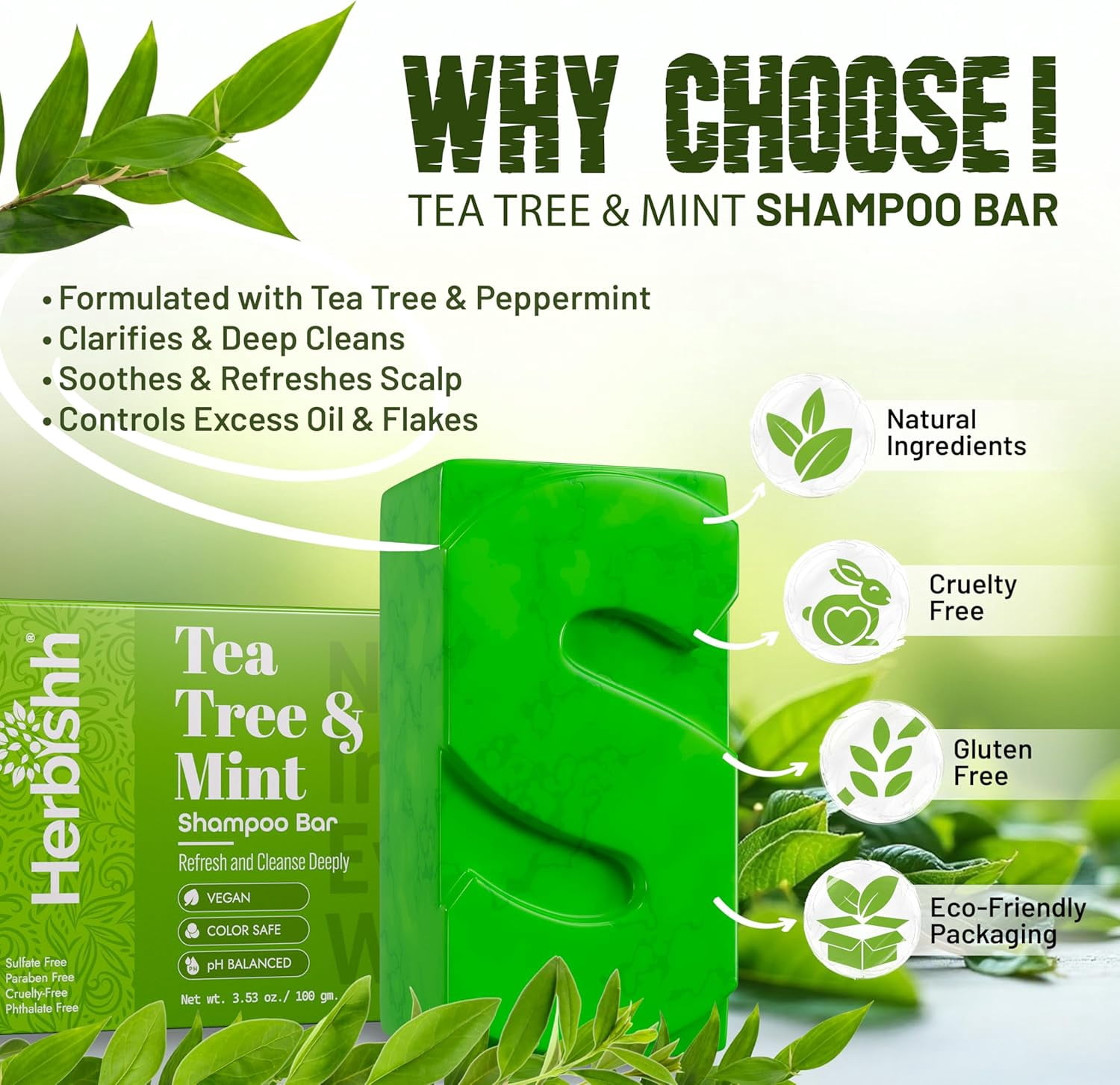 (6 pack) Herbishh Tea Tree & Mint Shampoo Bar – Tea Tree Oil Soap Bar for Oily Hair & Scalp Cleanse – Solid Travel Size Shampoo for Men & Women – Minty Deep Cleansing, 3.53 oz