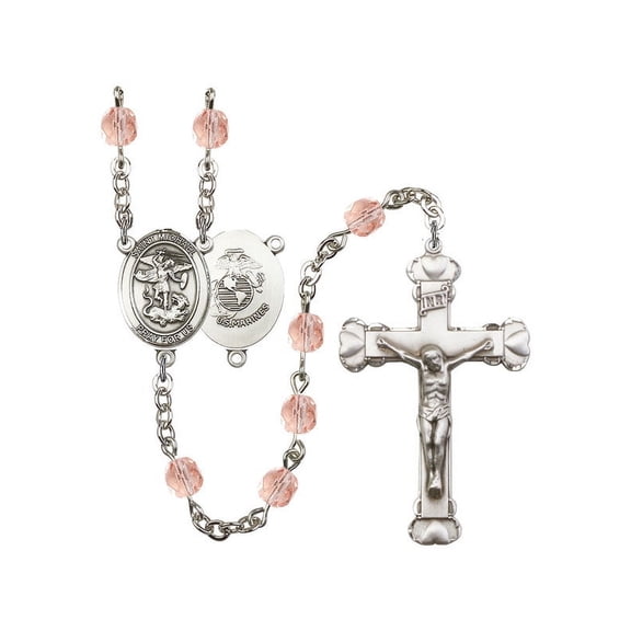 St. Michael / Marines Silver-Plated Rosary 6mm October Pink Fire Polished Beads Crucifix Size 1 5/8 x 1 medal charm