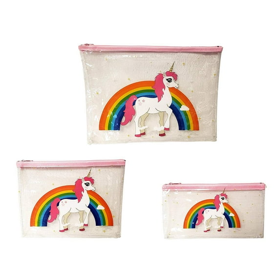 Unicorn Rainbow Transparent Clear Zipper Pouch Set of 3 Bags Pink