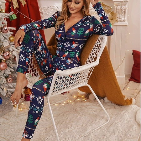

Pajamas for Women KKCXFJX Christmas Women Casual Print V Neck Long Sleeve Women Sleepwear Jumpsuit