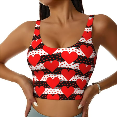 Jgfou Black and white striped and red hearts Print Womens Sports Bra - Padded Workout Sports Bras Crop Tank Top-Medium