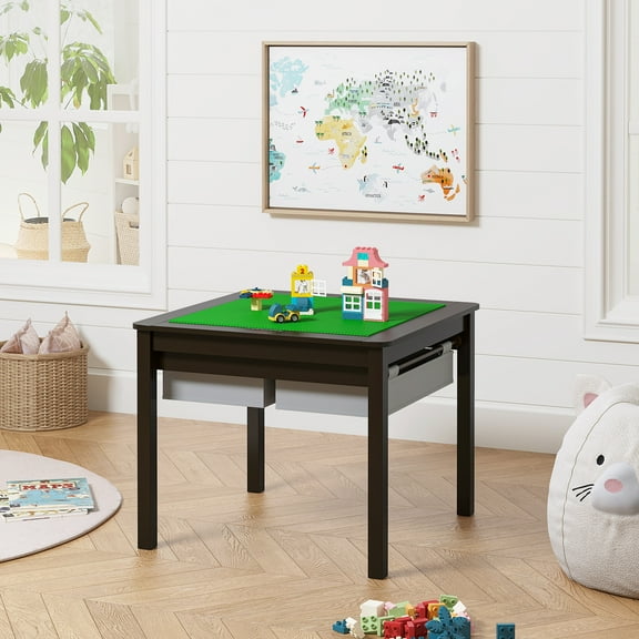 STAROUS Wooden 2 In 1 Kids Construction Play Table  with Storage Drawers and Built In Broad(Espresso with Grey Drwaer)