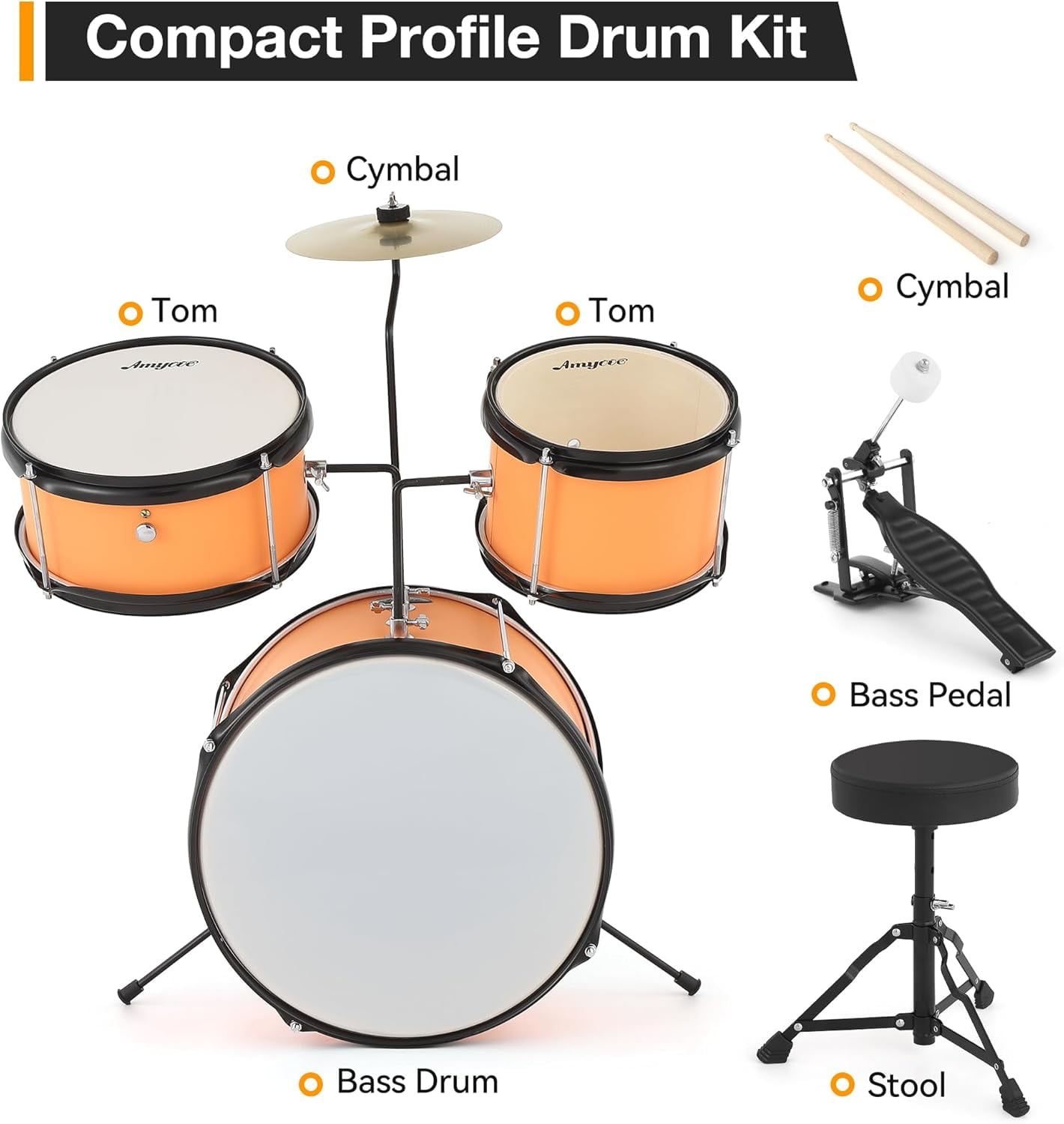 Drum Set, 1 Wood/Metal AD 150 Three Drums Set, Jazz Rock Includes Bass, 2 Toms, Cymbal, Sticks, Bass Pedal and Stool, Percussion Musical Instrument Birthday Playsetl