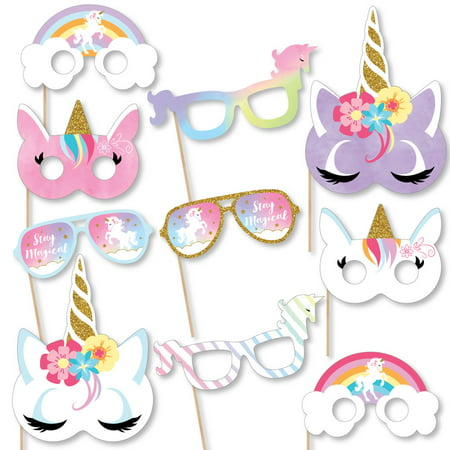 Rainbow Unicorn Glasses & Masks - Paper Card Stock Unicorn Baby Shower or Birthday Party Photo Booth Props Kit -10 Ct
