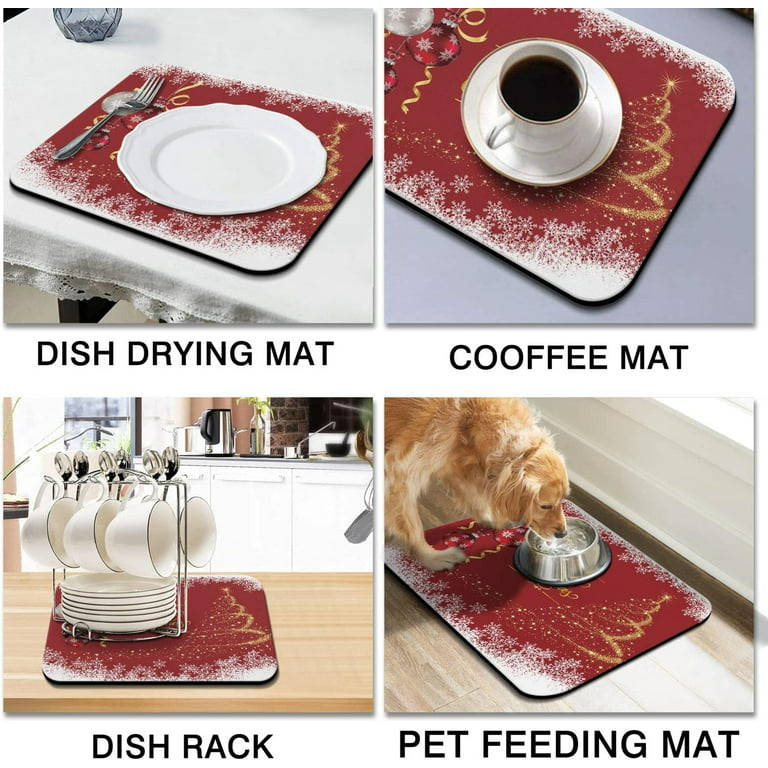 Christmas Dish Drying Mat 16x18in,Christmas Drying Mat for Kitchen Counter,Absorbent  Hide Stain Anti-Slip Coffee Bar Accessories Fit Under Coffee Machine Mat,Dish  Drying Mats for Kitchen 