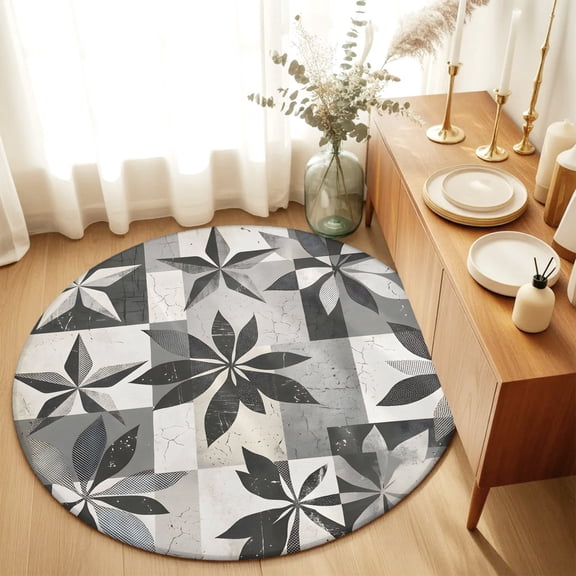 Round Rugs 3Ft, Grey Black Leaves Round Area Rug Washable Indoor Throw Carpet, Geometric Abstract Art Vintage Small Non Slip Circle Rug for Bedroom Living Room Home Decor Aesthetic