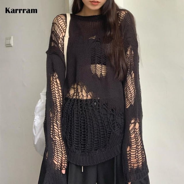 Suéter gótico Karrram con agujeros y transparencias, jerseys de punto de gran tamaño, ropa urbana emo, ropa grunge, tops Y2k de primavera