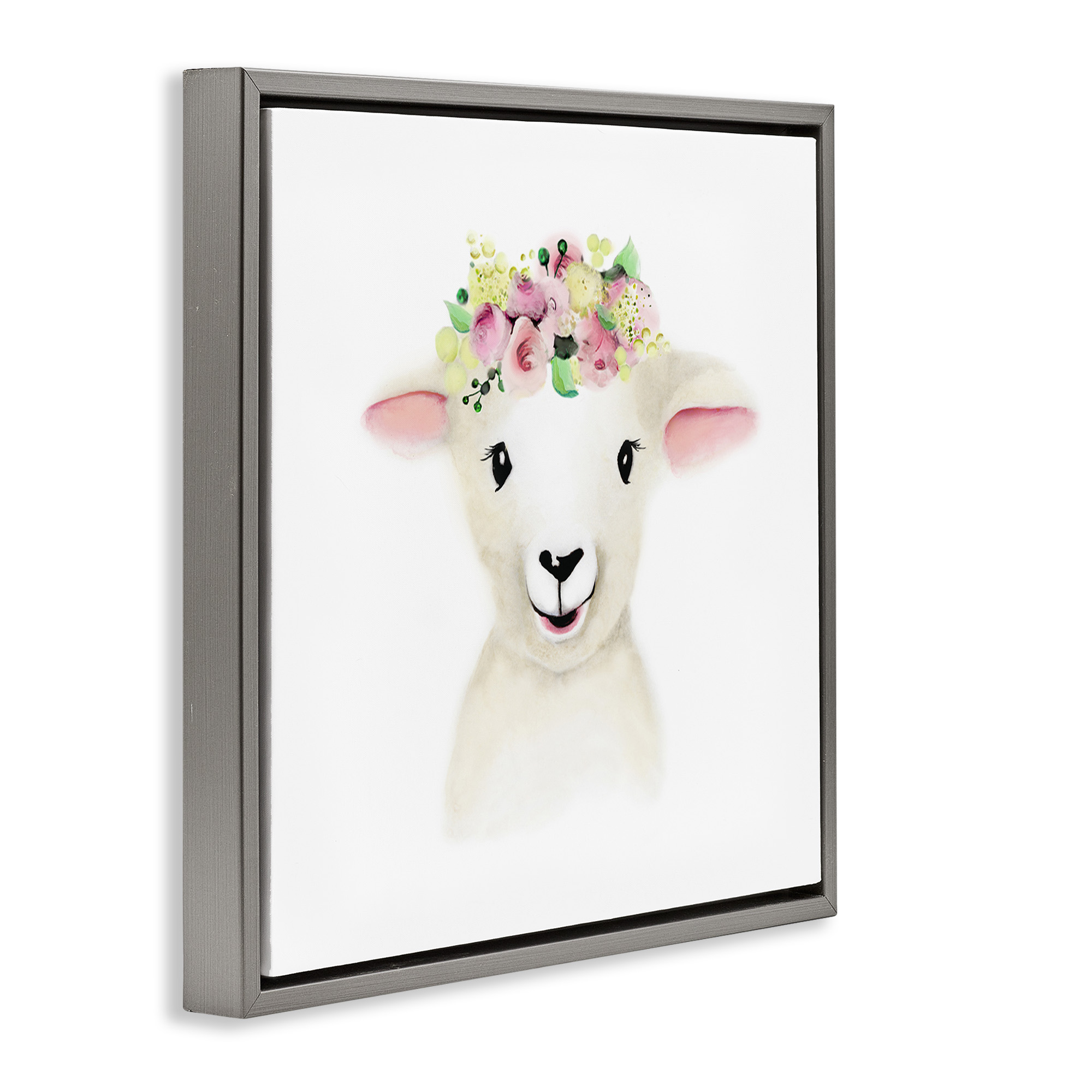 Stupell Industries Baby Lamb Sheep Flower Crown Art for Kids Painting Gray Floater Framed Canvas Art Print Wall Art, 25 x 25