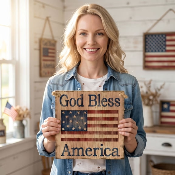 Patriotic Home Decor, Vintage 4Th of July Decor, Hanging Porch Decor, Americana Home Decor, 6X6 Inch Distressed Wood Wall Plaque Printed with God Bless America and Weathered Small