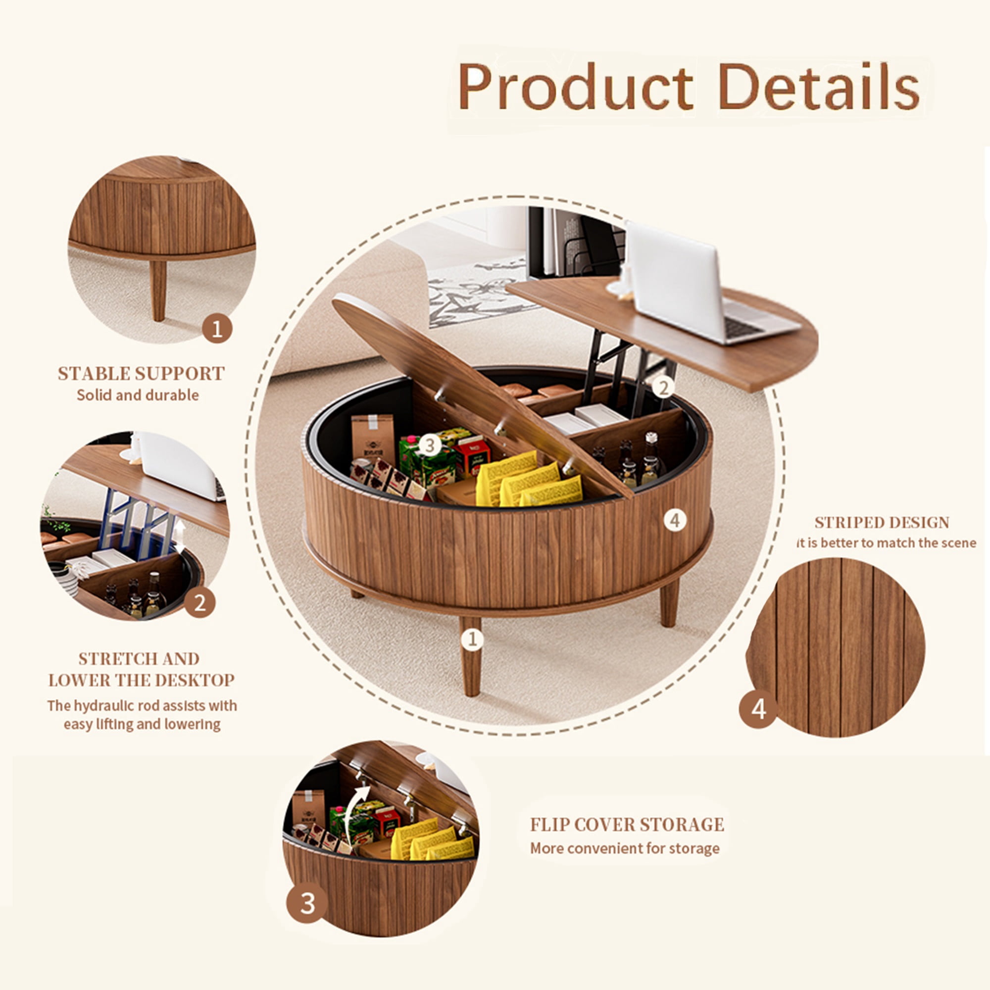 Round Lift Top Coffee Table with Storage, Center Table with Hidden Compartment, Circle Coffee Table for Living Room, Walnut