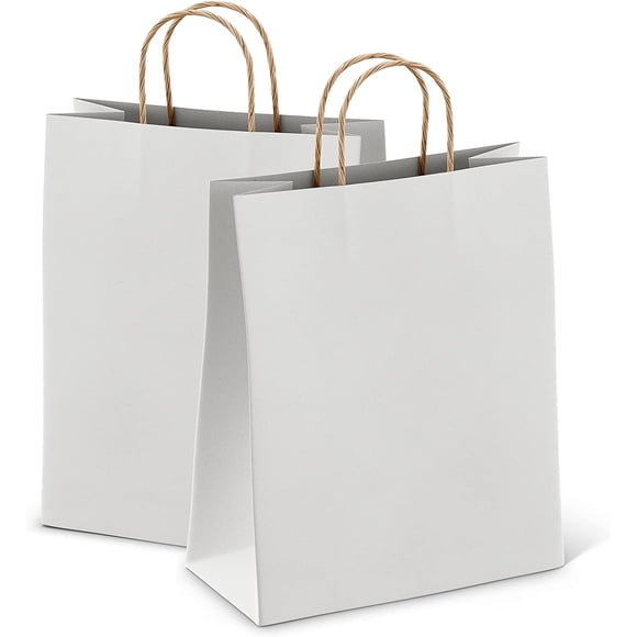 Bolsas de papel kraft blancas con asas, 5.25 x 3.75 x 8 pulgadas. Paquete de 25 bolsas de compras plegables, 150 GSM. Bolsas de regalo de papel kraft con asas. Ideal para recuerdos de boda y regalos
