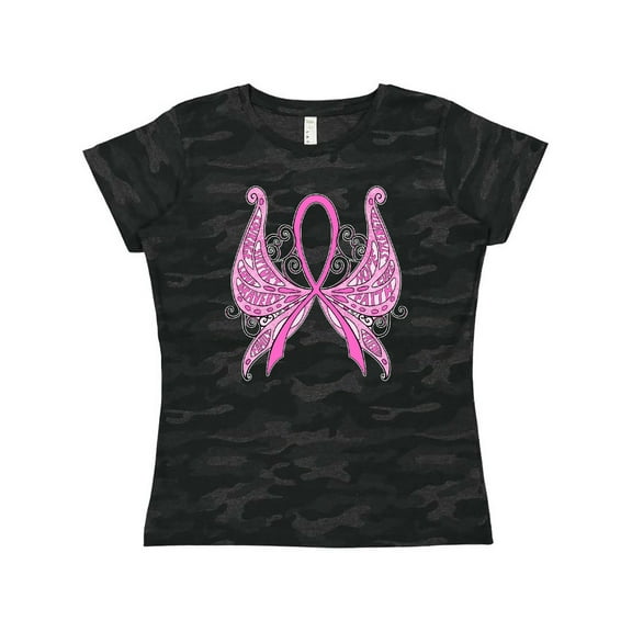 Inktastic Breast Cancer Awareness with Butterfly Ribbon Words Women's T-Shirt